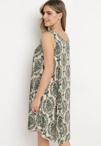 Born2be - Beżowo-Zielona Rozkloszowana Sukienka z Bawełny bez Rękawów Horrilla. Kolor: beżowy. Materiał: bawełna. Długość rękawa: bez rękawów. Sezon: lato. Styl: boho #4