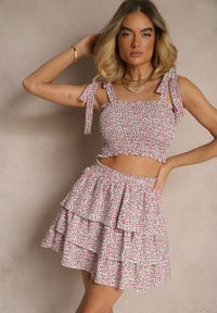 Renee - Różowy Komplet Kwiatowy Print Top Wiązany na Ramiączkach i Rozkloszowana Spódniczka Nativirae. Kolor: różowy. Materiał: materiał. Wzór: kwiaty, nadruk