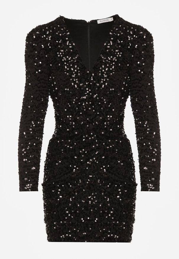 Born2be - Czarna Dopasowana Sukienka o Eleganckim Kroju z Dekoltem w Serek i Cekinami Iwedama. Okazja: na imprezę. Typ kołnierza: dekolt w serek. Kolor: czarny. Materiał: poliester. Wzór: aplikacja, gładki. Styl: elegancki