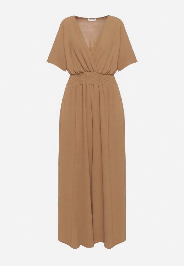 Born2be - Brązowy Kopertowy Kombinezon z Gumką w Talii i Szerokimi Nogawkami Vimashea. Okazja: na co dzień. Kolor: brązowy. Styl: elegancki, casual