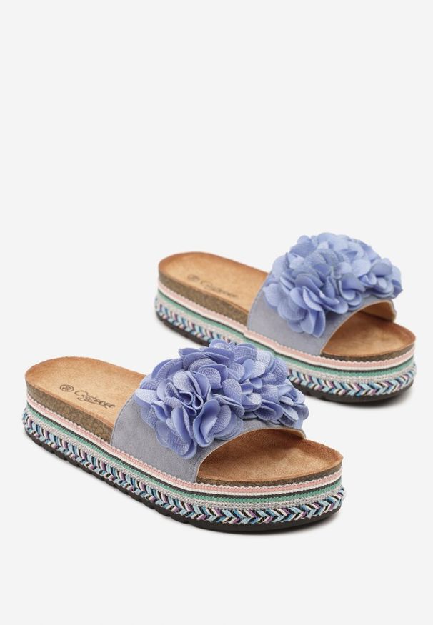 Born2be - Niebieskie Klapki na Grubej Plecionej Podeszwie z Kwiatami 3D Redeleira. Okazja: na co dzień. Kolor: niebieski. Materiał: jeans. Wzór: kwiaty. Sezon: lato. Styl: casual