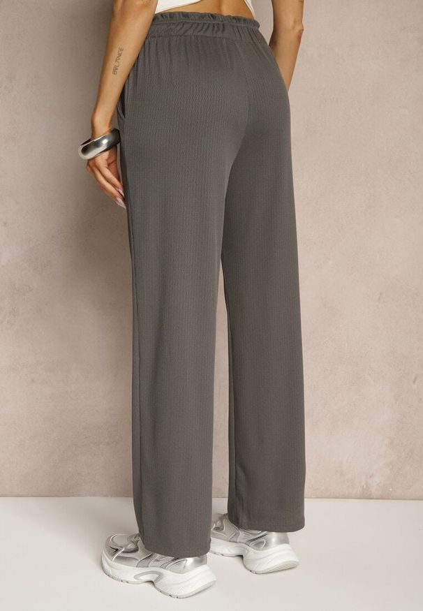 Renee - Ciemnoszare Spodnie High Waist o Fasonie Paper Bag z Gumką w Talii Lunalitia. Okazja: na co dzień. Stan: podwyższony. Kolor: szary. Wzór: aplikacja. Styl: casual, elegancki