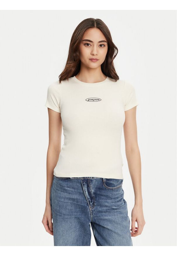 Guess Jeans T-Shirt W5YP37 KA0H1 Écru Slim Fit. Materiał: bawełna