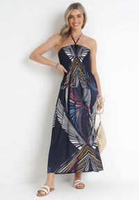 Born2be - Granatowa Rozkloszowana Sukienka Maxi Wiązana na Szyi ze Ściągaczem Kytha. Kolor: niebieski. Długość rękawa: bez ramiączek. Długość: maxi #1