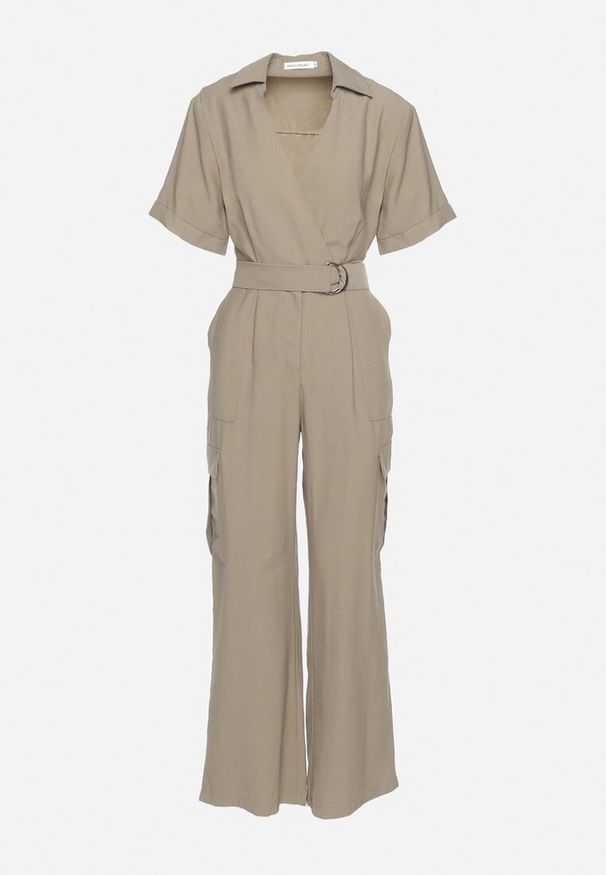 Born2be - Ciemnozielony Kombinezon Utility z Kopertowym Dekoltem Paskiem i Szerokimi Kieszeniami Pallilena. Okazja: na co dzień. Kolor: zielony. Styl: elegancki, casual