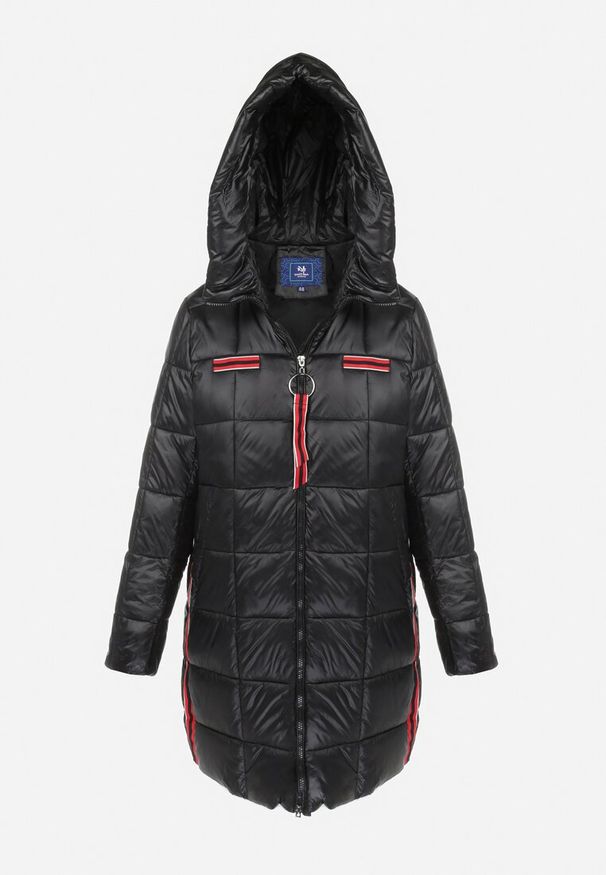 Born2be - Czarna Kurtka Pikowana Długa z Kontrastowymi Lampasami Feosa. Kolekcja: plus size. Kolor: czarny. Materiał: tkanina. Długość: długie. Wzór: gładki, aplikacja, geometria