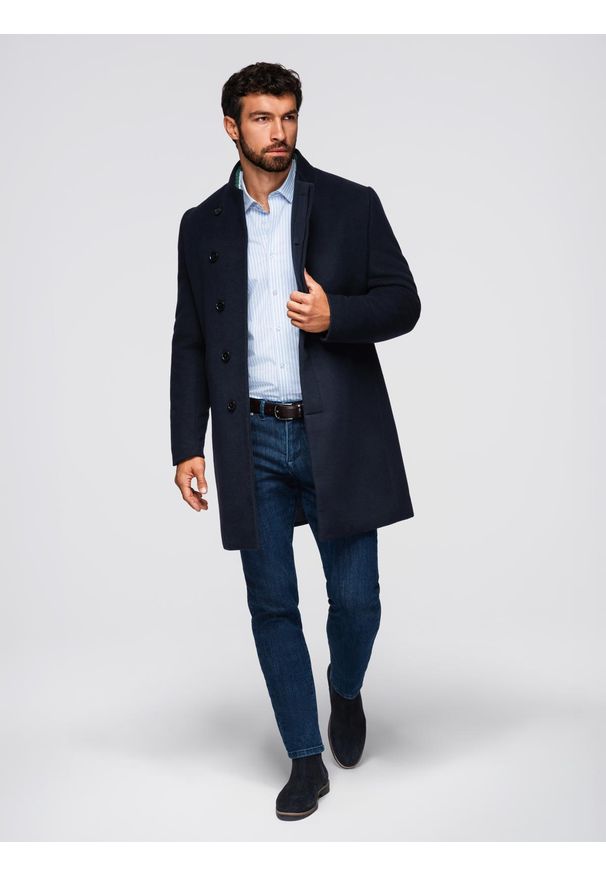 Ombre Clothing - Płaszcz męski z asymetrycznym zapięciem i wysokim kołnierzem – granatowy V3 - Rozmiar: L. Okazja: na co dzień. Kolor: niebieski. Materiał: syntetyk, wiskoza, poliester, materiał. Wzór: aplikacja, jednolity. Styl: wizytowy, casual, elegancki