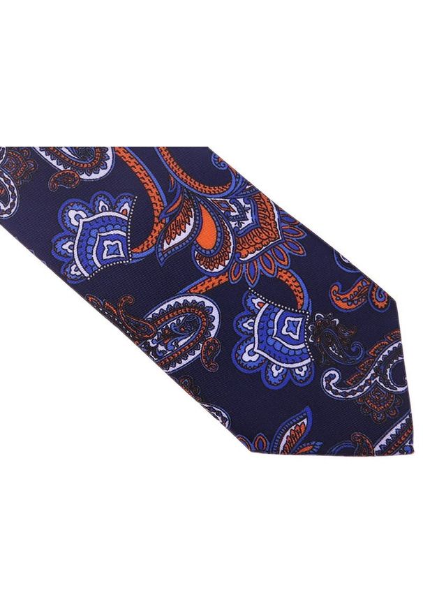 Modini - Granatowy krawat w pomarańczowy wzór paisley D140. Kolor: wielokolorowy, niebieski, pomarańczowy. Materiał: mikrofibra, tkanina. Wzór: paisley
