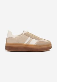 Renee - Ciemnobeżowe Sneakersy na Płaskiej Podeszwie z Ozdobnymi Paskami Velali. Nosek buta: okrągły. Zapięcie: pasek. Kolor: beżowy. Obcas: na płaskiej podeszwie. Wysokość obcasa: niski #4