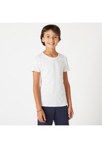 DOMYOS - Koszulka z krótkim rękawem dziecięca Domyos. Kolor: biały. Materiał: bawełna, materiał. Długość rękawa: krótki rękaw. Długość: krótkie