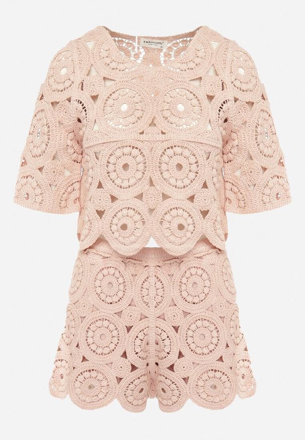 Born2be - Różowy Bawełniany Komplet Ażurowy z Bluzką i Szortami Orilve. Kolor: różowy. Materiał: bawełna. Wzór: ażurowy
