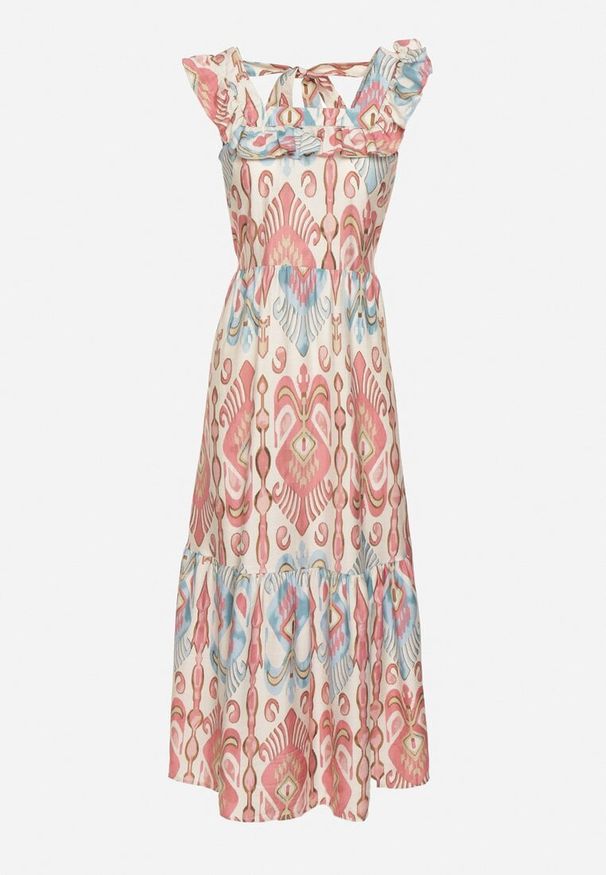 Born2be - Różowa Rozkloszowana Sukienka z Wiskozą Wiązana na Plecach w Print Boho Turielia. Okazja: na spacer. Kolor: różowy. Materiał: wiskoza. Długość rękawa: na ramiączkach. Wzór: nadruk. Sezon: lato. Styl: boho