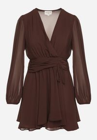 Born2be - Brązowa Rozkloszowana Sukienka z Siateczki z Kopertowym Dekoltem Zenessa. Typ kołnierza: dekolt kopertowy. Kolor: brązowy. Materiał: poliester, materiał. Typ sukienki: kopertowe #5
