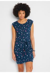 bonprix - Sukienka shirtowa z rękawami motylkowymi i nadrukiem. Kolor: niebieski. Materiał: jersey. Wzór: nadruk