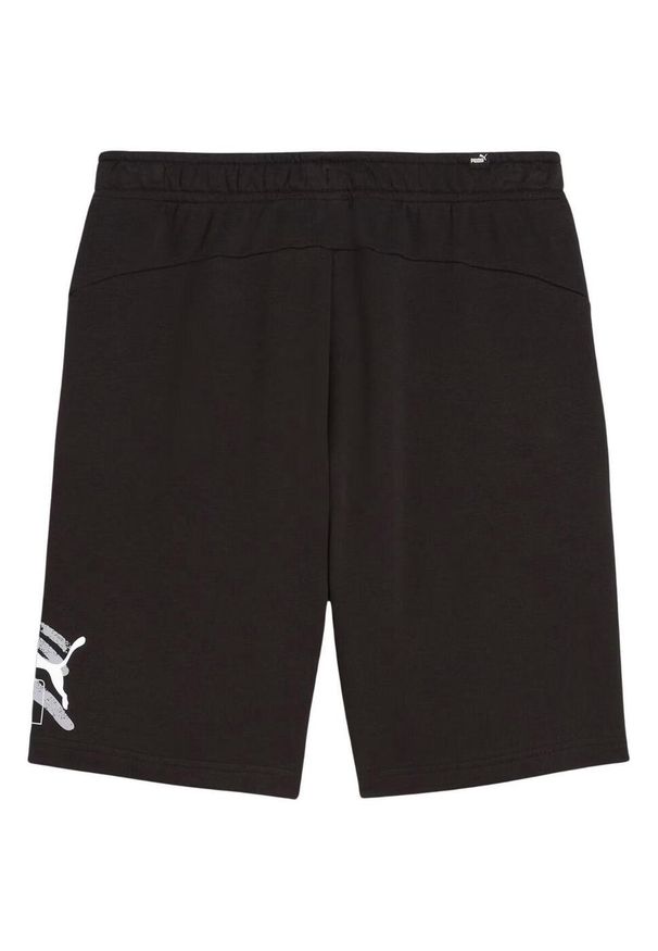 Puma - Shorty Męskie Graficzny Nadruk Logo ESS+. Kolor: czarny. Wzór: nadruk