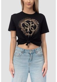 Guess - GUESS Czarny damski t-shirt na krótki rękaw z cyrkoniami Corinne, Rozmiar S. Okazja: na co dzień. Kolor: czarny. Długość rękawa: krótki rękaw. Długość: krótkie. Styl: elegancki, casual #4