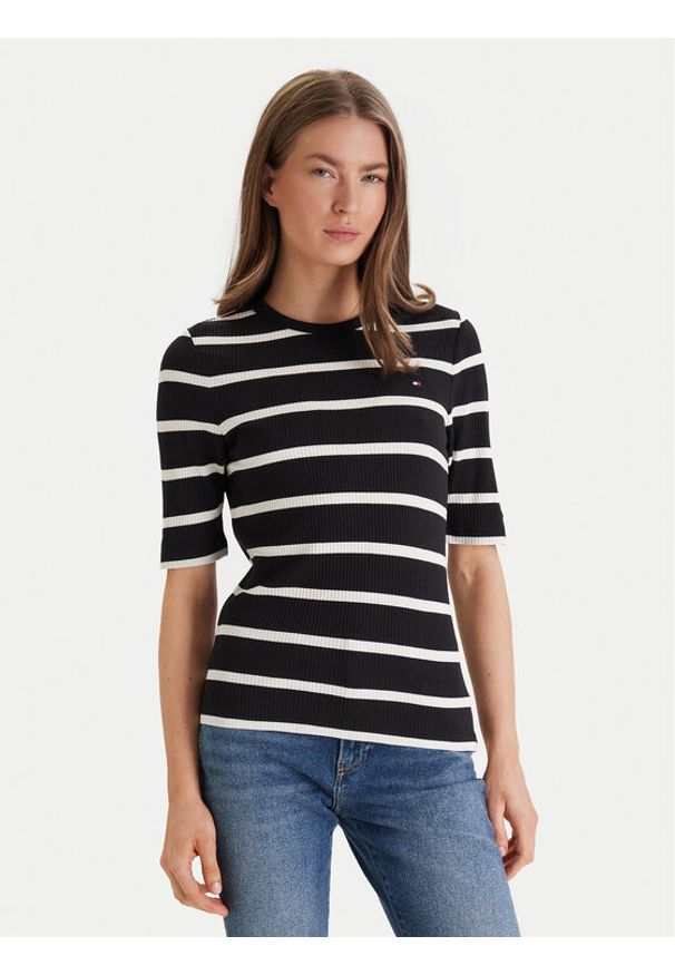 TOMMY HILFIGER - Tommy Hilfiger T-Shirt WW0WW47308 Czarny Slim Fit. Kolor: czarny. Materiał: wiskoza