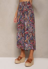 Renee - Granatowe Spodnie Culottes z Bawełnianej Tkaniny Ozdobione Wzorem Paisley Gwinamas. Okazja: do pracy. Kolor: niebieski. Materiał: bawełna, tkanina. Wzór: aplikacja, paisley #4