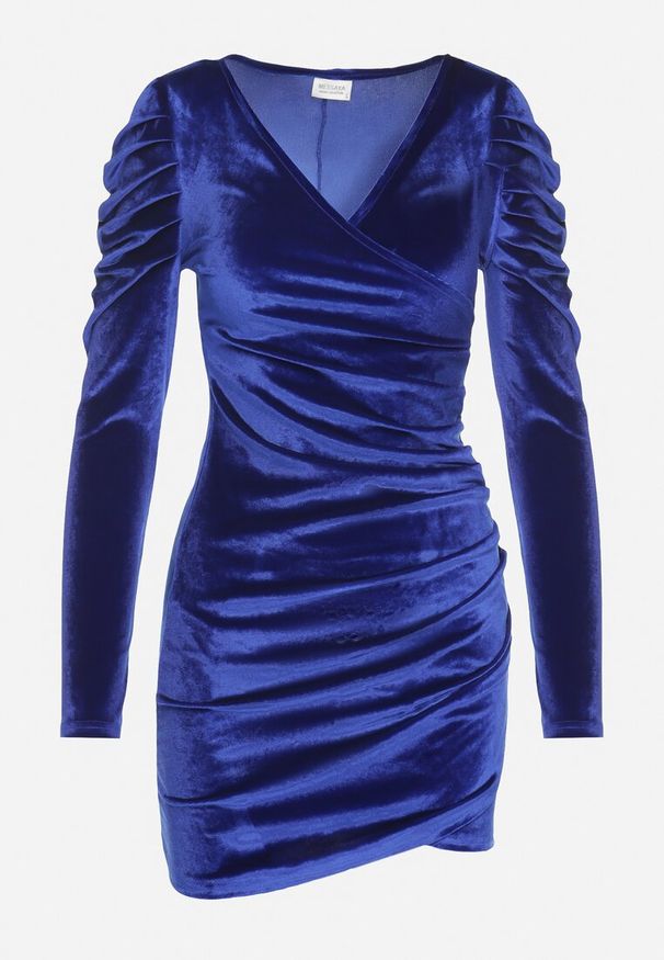 Born2be - Niebieska Dopasowana Kopertowa Sukienka z Weluru z Bufiastymi Rękawami Ardell. Typ kołnierza: dekolt w kształcie V. Kolor: niebieski. Materiał: welur. Wzór: aplikacja. Typ sukienki: kopertowe. Styl: klasyczny