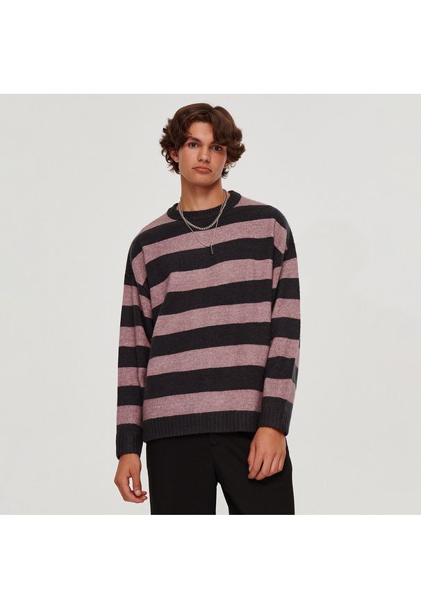 House - Sweter oversize w czarno-beżowe paski - Szary. Kolor: szary. Wzór: paski
