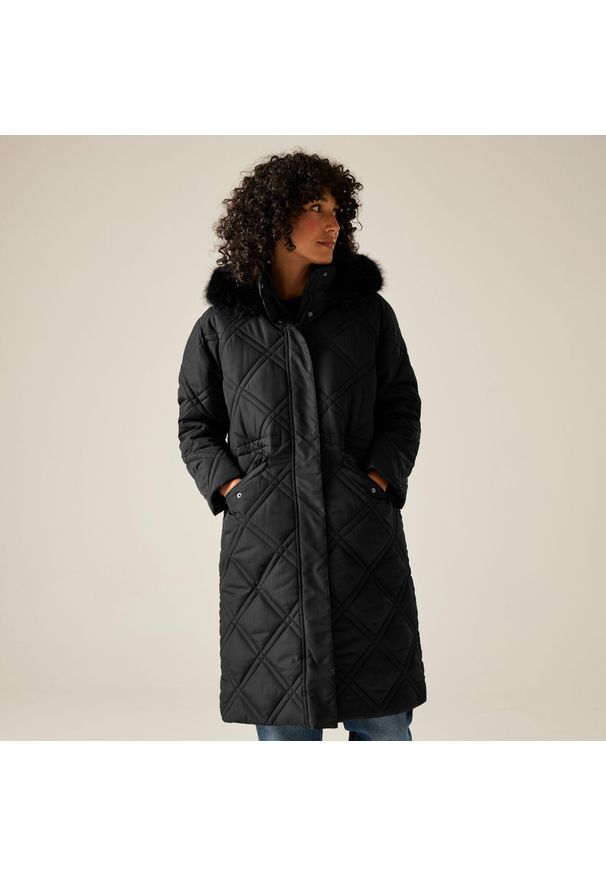Regatta - Płaszcz damski zimowy ocieplany Freyla. Kolor: czarny. Materiał: puch. Sezon: zima. Sport: turystyka piesza