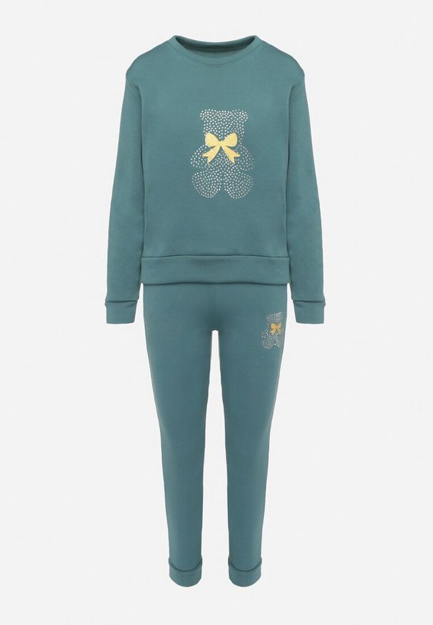 Born2be - Zielony Bawełniany Komplet Dresowy z Ociepleniem i Misiem Bluza i Spodnie z Gumką w Pasie Nelasina. Kolor: zielony. Materiał: dresówka, bawełna. Wzór: aplikacja