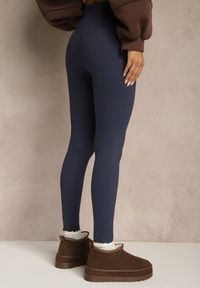 Renee - Granatowe Legginsy High Waist z Szeroką Gumką w Talii Aithala. Stan: podwyższony. Kolor: niebieski. Materiał: dzianina #4