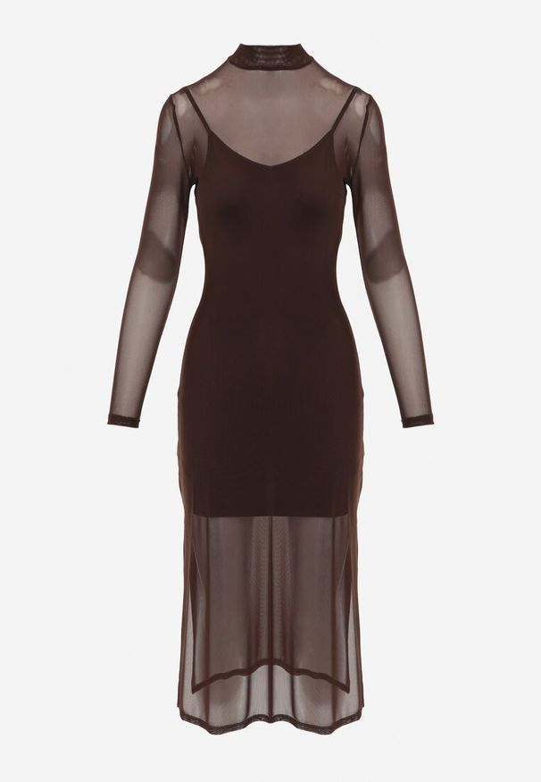 Renee - Brązowa Prześwitująca Sukienka Dzianinowa Midi z Halką Bavina. Kolor: brązowy. Materiał: dzianina. Długość rękawa: na ramiączkach. Typ sukienki: dopasowane. Styl: elegancki. Długość: midi