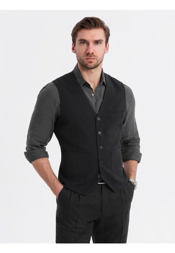 Ombre Clothing - Dopasowana strukturalna męska kamizelka z naszywanymi kieszeniami – czarna V1. Kolor: czarny. Materiał: poliester, materiał. Wzór: jednolity. Styl: elegancki