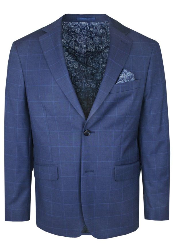 Elegancki Męski Garnitur - Victorio - Granatowy w Kratę. Kolor: niebieski. Materiał: elastan, poliester, wiskoza. Wzór: kratka