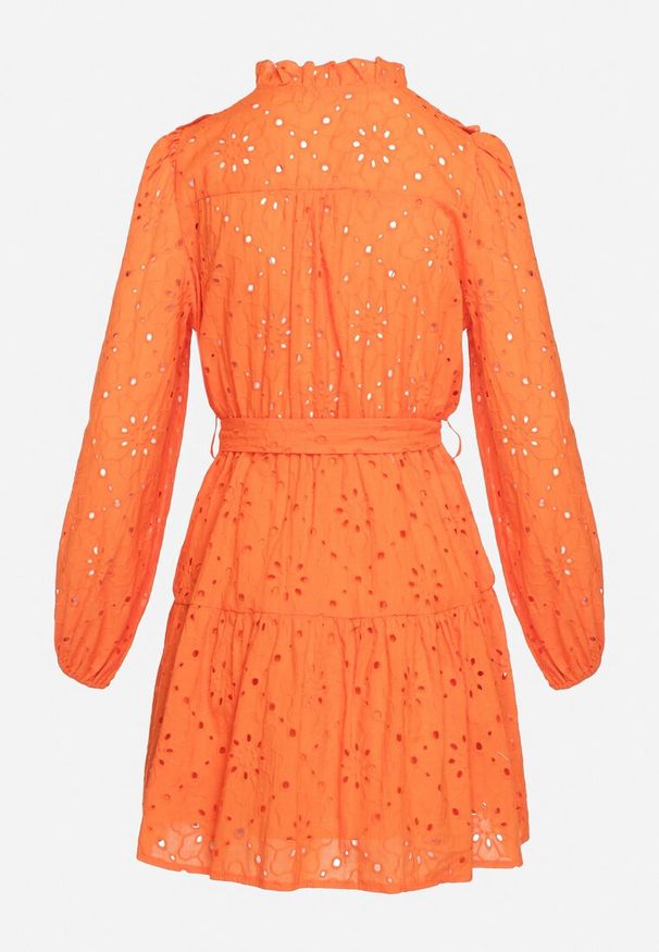 Born2be - Pomarańczowa Haftowana Sukienka Mini z Bawełny z Paskiem i Ażurowym Wzorem Aislina. Typ kołnierza: kołnierz z falbankami. Kolor: pomarańczowy. Materiał: bawełna. Wzór: ażurowy, haft. Sezon: wiosna, lato. Długość: mini