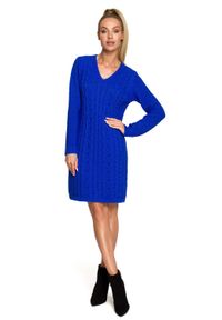 MOE - Swetrowa Sukienka z Warkoczowym Splotem - Szafirowa. Kolor: niebieski. Materiał: nylon, akryl. Wzór: ze splotem