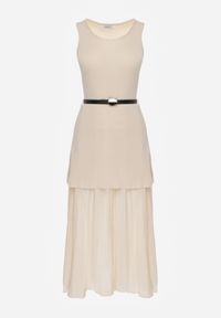 Born2be - Beżowa Dwuwarstwowa Sukienka Dzianinowa z Wiskozą i Paskiem z Klamrą Arkesia. Okazja: na co dzień, na spotkanie biznesowe. Kolor: beżowy. Materiał: dzianina, wiskoza. Typ sukienki: proste. Styl: casual, biznesowy, elegancki #5