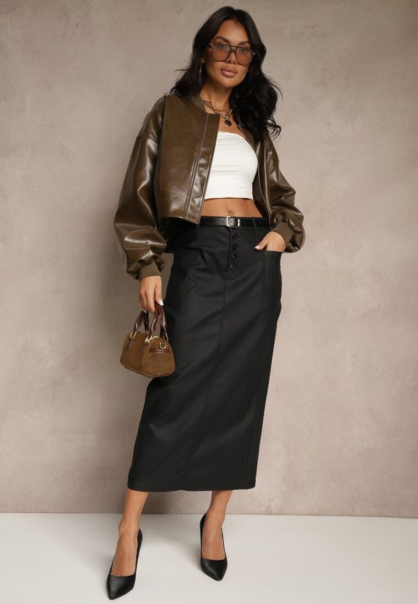 Renee - Czarna Ołówkowa Spódnica Midi High Waist z Ekoskóry Adaulfo. Stan: podwyższony. Kolor: czarny. Sezon: zima