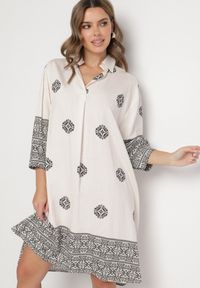 Born2be - Beżowa Wiskozowa Sukienka Ozdobiona Geometrycznym Wzorem Nalanessa. Okazja: na co dzień. Kolor: beżowy. Materiał: wiskoza. Wzór: geometria, aplikacja. Styl: klasyczny, casual, elegancki. Długość: mini #1