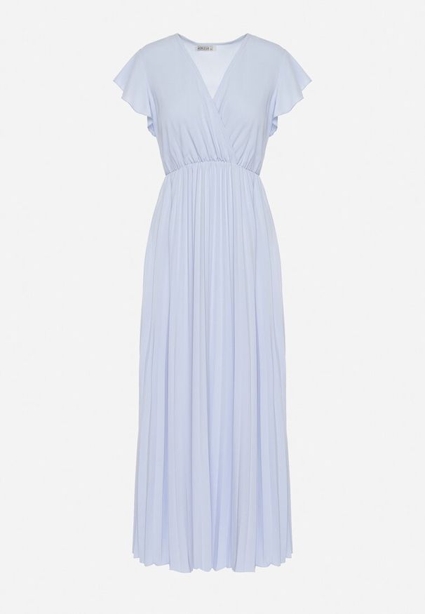 Born2be - Jasnoniebieska Sukienka Maxi Plisowana z Kopertową Górą Rozkloszowany Fason Anelea. Okazja: na randkę, na imprezę. Kolor: niebieski. Typ sukienki: kopertowe, rozkloszowane. Długość: maxi