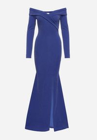 Born2be - Granatowa Dopasowana Sukienka Hiszpanka z Rozcięciem i Rozszerzanym Dołem Emilenne. Typ kołnierza: dekolt hiszpanka. Kolor: niebieski. Długość rękawa: długi rękaw. Typ sukienki: z odkrytymi ramionami. Styl: wizytowy #5
