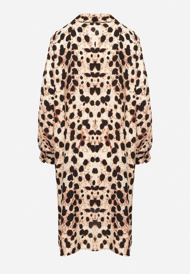 Born2be - Beżowa Wiskozowa Sukienka Koszulowa z Lnem w Panterkę w Stylu Nietoperza Emarille. Okazja: na co dzień. Kolor: beżowy. Materiał: wiskoza, len. Wzór: motyw zwierzęcy. Typ sukienki: koszulowe. Styl: casual, klasyczny