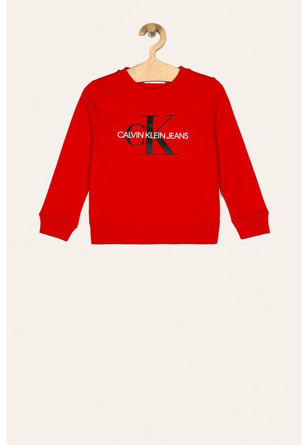 Calvin Klein Jeans - Bluza dziecięca 104-176 cm. Okazja: na co dzień. Typ kołnierza: bez kaptura. Kolor: czerwony. Materiał: bawełna, materiał, dzianina, elastan. Wzór: nadruk. Styl: casual