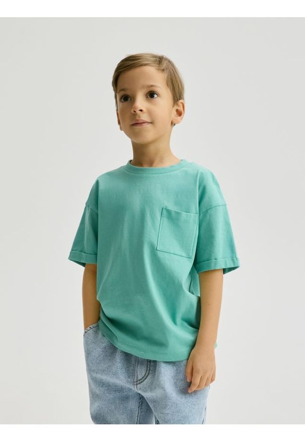 Reserved - Bawełniany t-shirt - jasnoturkusowy. Kolor: turkusowy. Materiał: bawełna