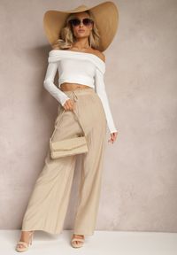 Renee - Beżowe Wiskozowe Spodnie Szerokie z Gumką i Sznurkiem w Pasie Tarallia. Okazja: na co dzień. Kolor: beżowy. Materiał: wiskoza. Styl: casual, elegancki