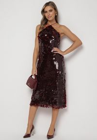 Born2be - Bordowa Asymetryczna Sukienka Bogato Zdobiona Cekinami z Wiązaniem na Plecach Lericie. Kolor: czerwony. Wzór: aplikacja. Typ sukienki: asymetryczne #7