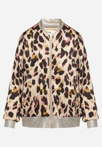 Born2be - Beżowo-Różowa Kurtka Bomberka w Panterkę ze Ściągaczami Irira. Okazja: na co dzień, na spacer. Kolor: beżowy. Materiał: jeans. Długość rękawa: długi rękaw. Długość: długie. Wzór: motyw zwierzęcy. Styl: casual, elegancki #4