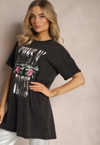 Renee - Ciemnoszary Bawełniany T-shirt z Rockowym Nadrukiem i Okrągłym Dekoltem Tahoma. Okazja: na co dzień. Kolor: szary. Materiał: bawełna. Wzór: nadruk. Styl: rockowy #4