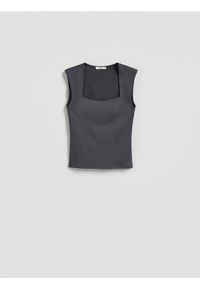 Reserved - Gładki top - ciemnoszary. Kolor: szary. Materiał: dzianina. Wzór: gładki