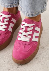 Born2be - Fuksjowe Skórzane Sneakersy na Kauczukowej Podeszwie z Geometrycznym Motywem Shytyse. Kolor: różowy. Materiał: kauczuk, skóra. Wzór: geometria #9