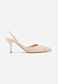 Renee - Beżowe Sandały na Szpilce Ozdobione Haftowanym Wzorem i Koralikami Sametis. Kolor: beżowy. Materiał: satyna. Wzór: aplikacja, haft. Obcas: na szpilce #6