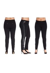 Moda Size Plus Iwanek - Wyszczuplające spodnie ze wstawkami z ekoskóry slim PLUS SIZE. Okazja: na co dzień. Kolekcja: plus size. Materiał: lycra, materiał, dzianina, skóra ekologiczna. Długość: krótkie. Wzór: motyw zwierzęcy, aplikacja. Styl: klasyczny, casual, elegancki #1