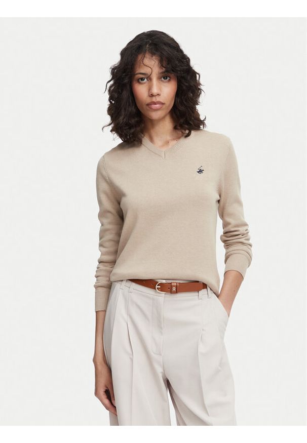 Beverly Hills Polo Club Sweter P-SS26W-M536563 Beżowy Regular Fit. Typ kołnierza: polo. Kolor: beżowy. Materiał: bawełna