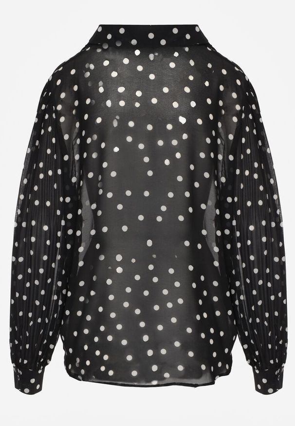 Born2be - Czarna Bawełniano-Wiskozowa Koszula w Groszki z Plisowanymi Rękawami Ronan. Okazja: na co dzień, na spotkanie biznesowe, do pracy. Kolor: czarny. Materiał: wiskoza, bawełna. Wzór: grochy. Styl: casual, biznesowy, klasyczny